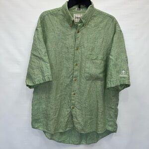 E. Magrath Shirt Mens Lathe Green 100% Linen Short Sleeve Mid Pines Logo Pocket
